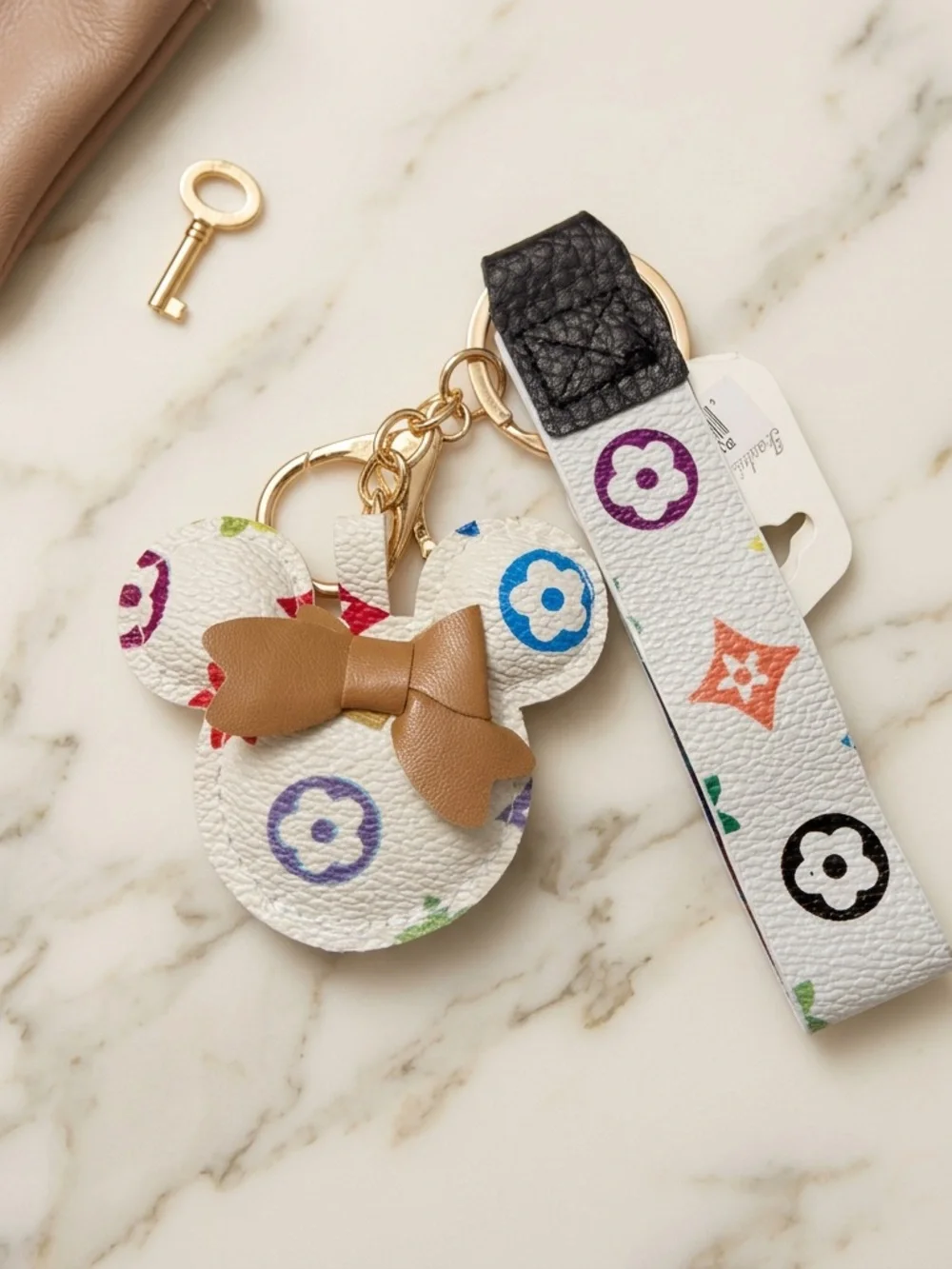 Mouse Key Chain, Multicolor Check Faux Leather & Metal Bow Detachable